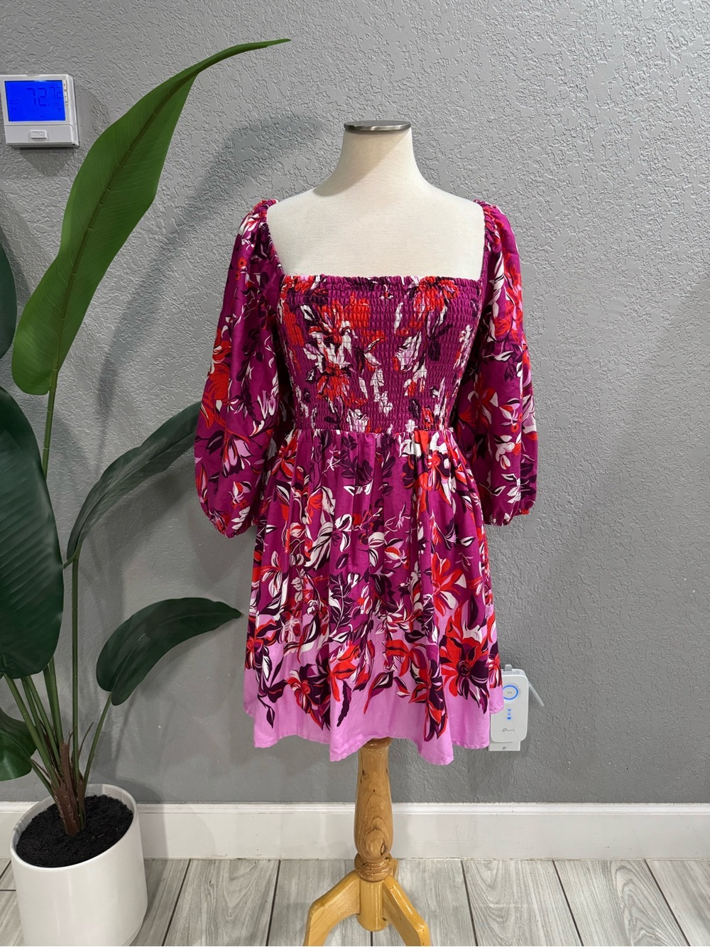 Anthropologie Fuchsia Floral Smocked Puff-Sleeve Mini Dress